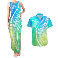 Polynesian Pride Couples Matching Tank Maxi Dress and Hawaiian Shirt Turtle Hibiscus Luxury Style - Gradient Blue LT7 Blue Green - Polynesian Pride
