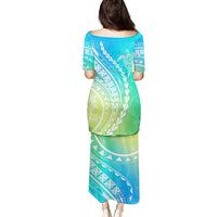 Polynesian Pride Puletasi Turtle Hibiscus Luxury Style - Gradient Blue LT7 - Polynesian Pride