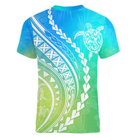 Polynesian Pride Women V Neck T Shirt Turtle Hibiscus Luxury Style - Gradient Blue LT7 - Polynesian Pride
