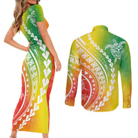Polynesian Pride Couples Matching Short Sleeve Bodycon Dress and Long Sleeve Button Shirts Turtle Hibiscus Luxury Style - Reggae LT7 - Polynesian Pride
