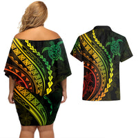 Polynesian Pride Couples Matching Off Shoulder Short Dress and Hawaiian Shirt Turtle Hibiscus Luxury Style - Reggae Ver2 LT7 - Polynesian Pride