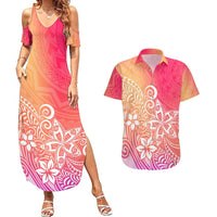 Polynesia Couples Matching Summer Maxi Dress and Hawaiian Shirt Plumeria Pink Gradient Curves LT7 Pink - Polynesian Pride
