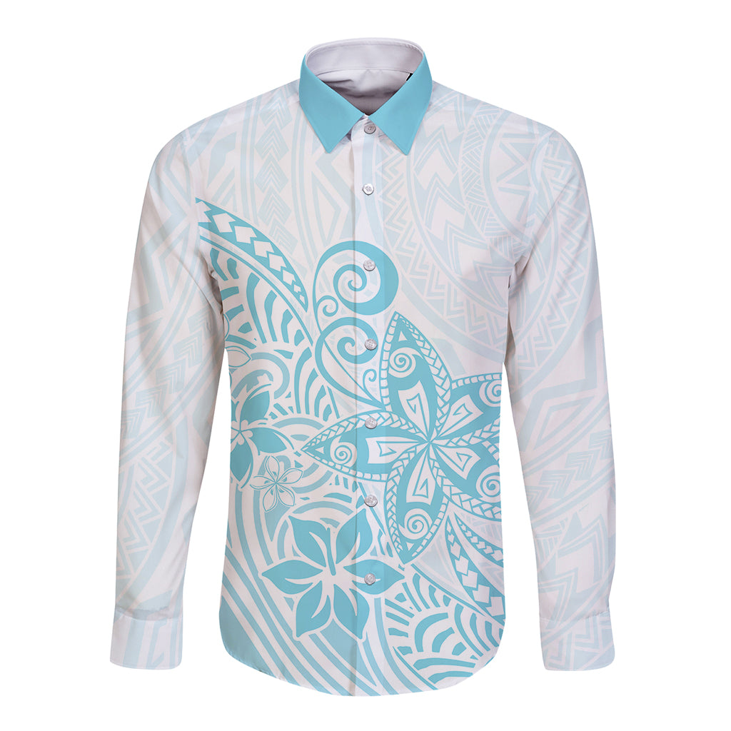 Polynesia Long Sleeve Button Shirt Plumeria Turquoise Curves LT7 Unisex Turquoise - Polynesian Pride