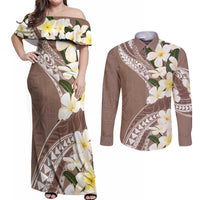 Aloha Hawaii Festive Couples Matching Off Shoulder Maxi Dress and Long Sleeve Button Shirt Frangipani Lace Classic - Beige