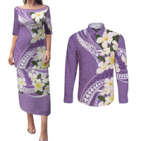 Aloha Hawaii Festive Couples Matching Puletasi and Long Sleeve Button Shirt Frangipani Lace Classic - Lavender LT7 Lavender - Polynesian Pride