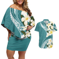 Aloha Hawaii Festive Couples Matching Off Shoulder Short Dress and Hawaiian Shirt Frangipani Lace Classic - Teal