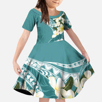 Aloha Hawaii Festive Family Matching Off The Shoulder Long Sleeve Dress and Hawaiian Shirt Frangipani Lace Classic - Teal LT7 Daughter's Dress Teal - Polynesian Pride
