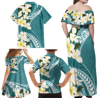 Aloha Hawaii Festive Family Matching Off Shoulder Maxi Dress and Hawaiian Shirt Frangipani Lace Classic - Teal