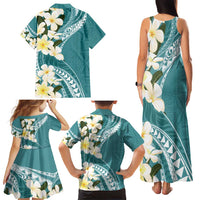 Aloha Hawaii Festive Family Matching Tank Maxi Dress and Hawaiian Shirt Frangipani Lace Classic - Teal