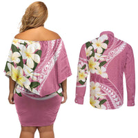 Aloha Hawaii Festive Couples Matching Off Shoulder Short Dress and Long Sleeve Button Shirt Frangipani Lace Classic - Rosy