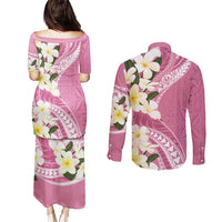 Aloha Hawaii Festive Couples Matching Puletasi and Long Sleeve Button Shirt Frangipani Lace Classic - Rosy LT7 - Polynesian Pride