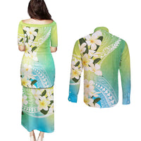 Aloha Hawaii Festive Couples Matching Puletasi and Long Sleeve Button Shirt Frangipani Lace Classic - Summer Vibes LT7 - Polynesian Pride