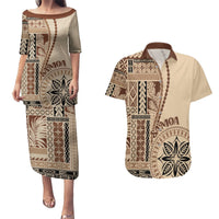 Samoa Siapo Motif Couples Matching Puletasi Dress and Hawaiian Shirt Classic Style LT7 Beige - Polynesian Pride