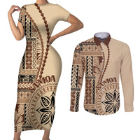 Samoa Siapo Motif Couples Matching Short Sleeve Bodycon Dress and Long Sleeve Button Shirt Classic Style LT7 Beige - Polynesian Pride