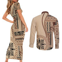 Samoa Siapo Motif Couples Matching Short Sleeve Bodycon Dress and Long Sleeve Button Shirt Classic Style LT7 - Polynesian Pride