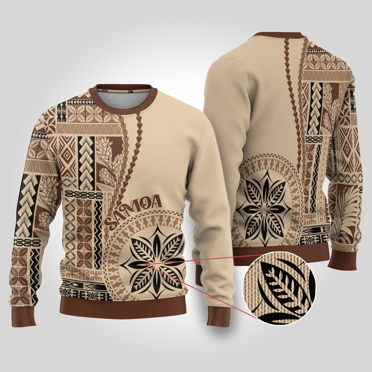 Samoa Siapo Motif Ugly Christmas Sweater Classic Style LT7 Beige - Polynesian Pride