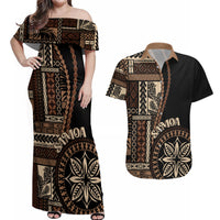 Samoa Siapo Motif Couples Matching Off Shoulder Maxi Dress and Hawaiian Shirt Classic Style - Black Ver LT7 Black - Polynesian Pride