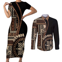 Samoa Siapo Motif Couples Matching Short Sleeve Bodycon Dress and Long Sleeve Button Shirt Classic Style - Black Ver LT7