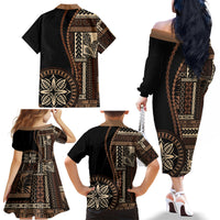 Samoa Siapo Motif Family Matching Off Shoulder Long Sleeve Dress and Hawaiian Shirt Classic Style - Black Ver LT7 - Polynesian Pride