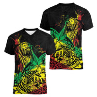 Personalised Reggae Jawaiian Festive Women V-Neck T-Shirt Mix Polynesian