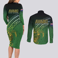 Cook Islands Rugby Kuki Avaiki Couples Matching Long Sleeve Bodycon Dress and Long Sleeve Button Shirt Tribal Turtle - Polynesian Pride