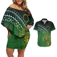Cook Islands Rugby Kuki Avaiki Couples Matching Off Shoulder Short Dress and Hawaiian Shirt Tribal Turtle - Polynesian Pride