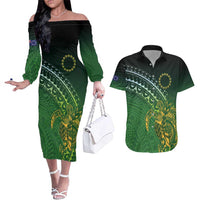 Cook Islands Rugby Kuki Avaiki Couples Matching Off The Shoulder Long Sleeve Dress and Hawaiian Shirt Tribal Turtle - Polynesian Pride