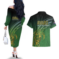 Cook Islands Rugby Kuki Avaiki Couples Matching Off The Shoulder Long Sleeve Dress and Hawaiian Shirt Tribal Turtle - Polynesian Pride