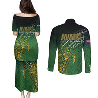 Cook Islands Rugby Kuki Avaiki Couples Matching Puletasi and Long Sleeve Button Shirt Tribal Turtle - Polynesian Pride