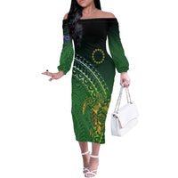 Cook Islands Rugby Kuki Avaiki Off The Shoulder Long Sleeve Dress Tribal Turtle - Polynesian Pride
