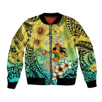 Honolulu Hawaii Bomber Jacket Ilima Plumeria with Hula Girl LT7 Unisex Colorful - Polynesian Pride