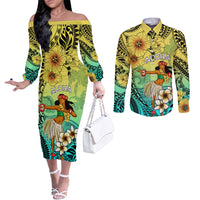 Honolulu Hawaii Couples Matching Off The Shoulder Long Sleeve Dress and Long Sleeve Button Shirt Ilima Plumeria with Hula Girl LT7 Colorful - Polynesian Pride