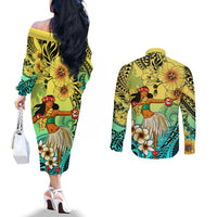 Honolulu Hawaii Couples Matching Off The Shoulder Long Sleeve Dress and Long Sleeve Button Shirt Ilima Plumeria with Hula Girl LT7 - Polynesian Pride