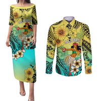 Honolulu Hawaii Couples Matching Puletasi and Long Sleeve Button Shirt Ilima Plumeria with Hula Girl LT7 Colorful - Polynesian Pride