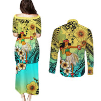 Honolulu Hawaii Couples Matching Puletasi and Long Sleeve Button Shirt Ilima Plumeria with Hula Girl LT7 - Polynesian Pride