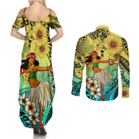 Honolulu Hawaii Couples Matching Summer Maxi Dress and Long Sleeve Button Shirt Ilima Plumeria with Hula Girl LT7 - Polynesian Pride