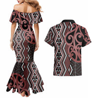 Maori Taniko Patterns Couples Matching Mermaid Dress and Hawaiian Shirt Brown Patiki Motifs Mix Whakairo Ngaru