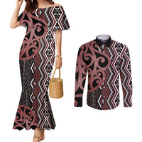Maori Taniko Patterns Couples Matching Mermaid Dress and Long Sleeve Button Shirt Brown Patiki Motifs Mix Whakairo Ngaru