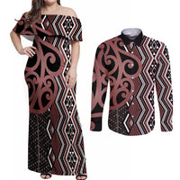 Maori Taniko Patterns Couples Matching Off Shoulder Maxi Dress and Long Sleeve Button Shirt Brown Patiki Motifs Mix Whakairo Ngaru