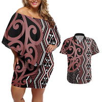 Maori Taniko Patterns Couples Matching Off Shoulder Short Dress and Hawaiian Shirt Brown Patiki Motifs Mix Whakairo Ngaru