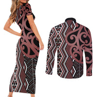 Maori Taniko Patterns Couples Matching Short Sleeve Bodycon Dress and Long Sleeve Button Shirt Brown Patiki Motifs Mix Whakairo Ngaru