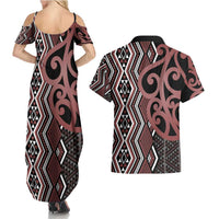 Maori Taniko Patterns Couples Matching Summer Maxi Dress and Hawaiian Shirt Brown Patiki Motifs Mix Whakairo Ngaru