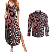Maori Taniko Patterns Couples Matching Summer Maxi Dress and Long Sleeve Button Shirt Brown Patiki Motifs Mix Whakairo Ngaru