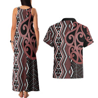 Maori Taniko Patterns Couples Matching Tank Maxi Dress and Hawaiian Shirt Brown Patiki Motifs Mix Whakairo Ngaru