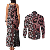 Maori Taniko Patterns Couples Matching Tank Maxi Dress and Long Sleeve Button Shirt Brown Patiki Motifs Mix Whakairo Ngaru