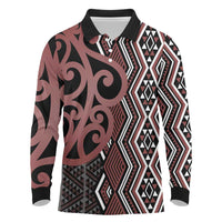 Maori Taniko Patterns Long Sleeve Polo Shirt Brown Patiki Motifs Mix Whakairo Ngaru