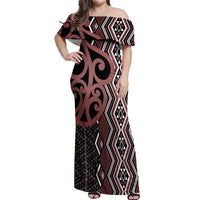 Maori Taniko Patterns Off Shoulder Maxi Dress Brown Patiki Motifs Mix Whakairo Ngaru