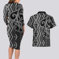 Maori Taniko Patterns Couples Matching Long Sleeve Bodycon Dress and Hawaiian Shirt Black Patiki Motifs Mix Whakairo Ngaru