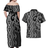 Maori Taniko Patterns Couples Matching Off Shoulder Maxi Dress and Hawaiian Shirt Black Patiki Motifs Mix Whakairo Ngaru
