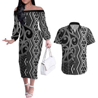 Maori Taniko Patterns Couples Matching Off The Shoulder Long Sleeve Dress and Hawaiian Shirt Black Patiki Motifs Mix Whakairo Ngaru